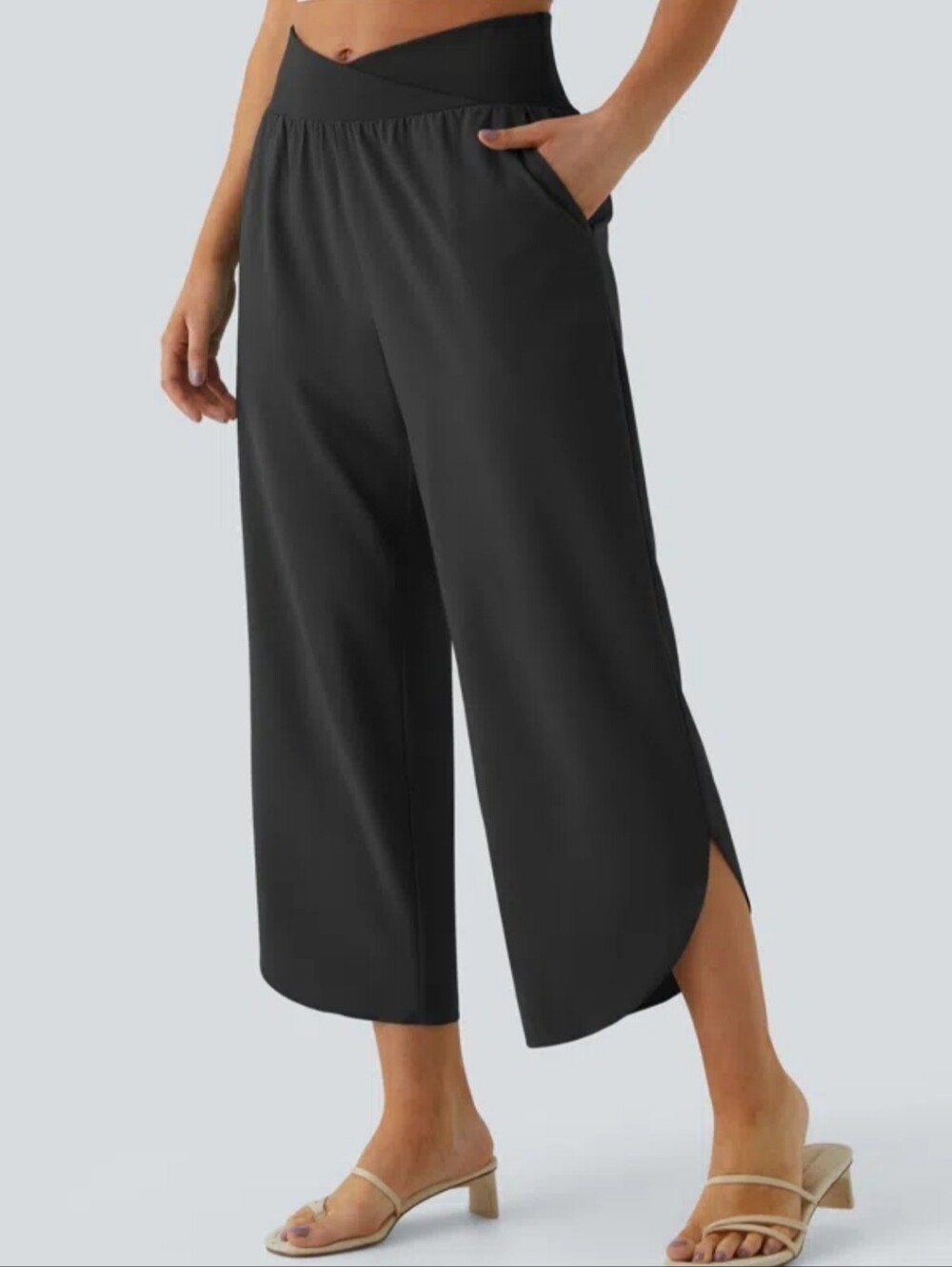 NWT Halara Breezeful Crop Pants 3X Black Crossover Waist Split Tulip Hem Active